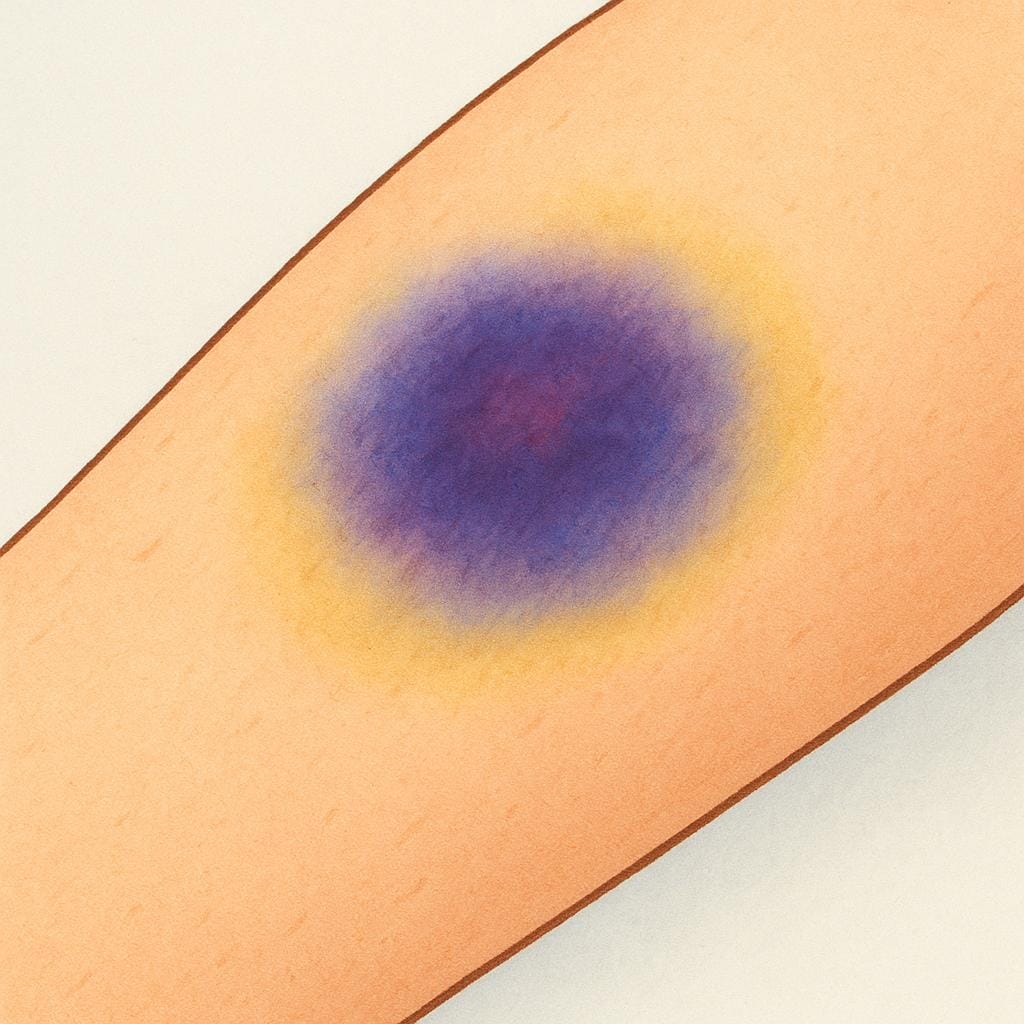 Une illustration en gros plan d'une ecchymose (contusion) violette, bleue et jaune visible sur une peau de teint clair.