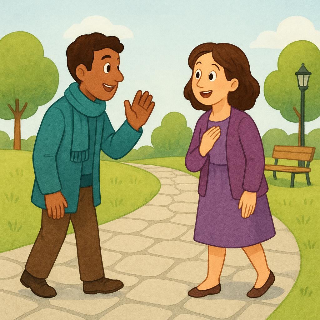 Two surprised and smiling people pausing on a sidewalk as they unexpectedly encounter each other while walking in opposite directions.