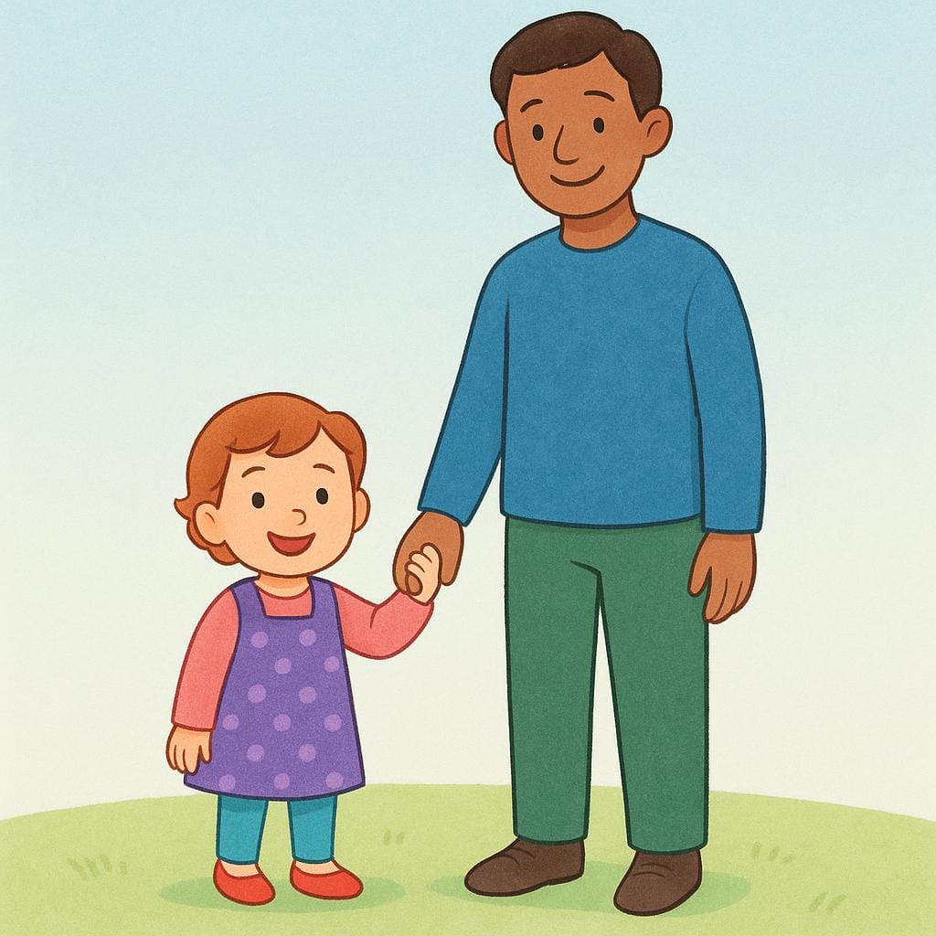 A tall adult person smiling while holding hands with a much shorter, younger child.