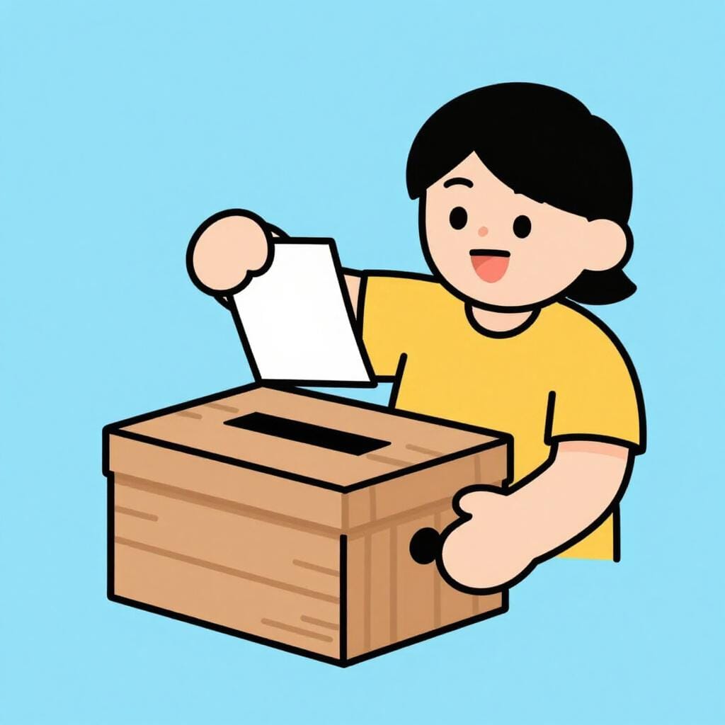 A person placing a folded piece of paper into a wooden box with a slot on top.