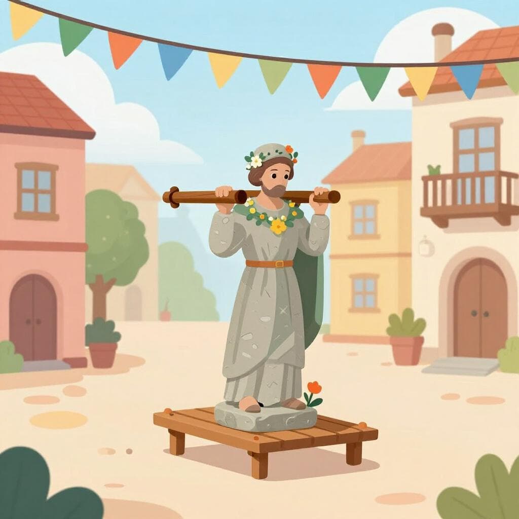 Uma estátua colorida de um santo sendo carregada por uma praça da cidade decorada com bandeiras coloridas.