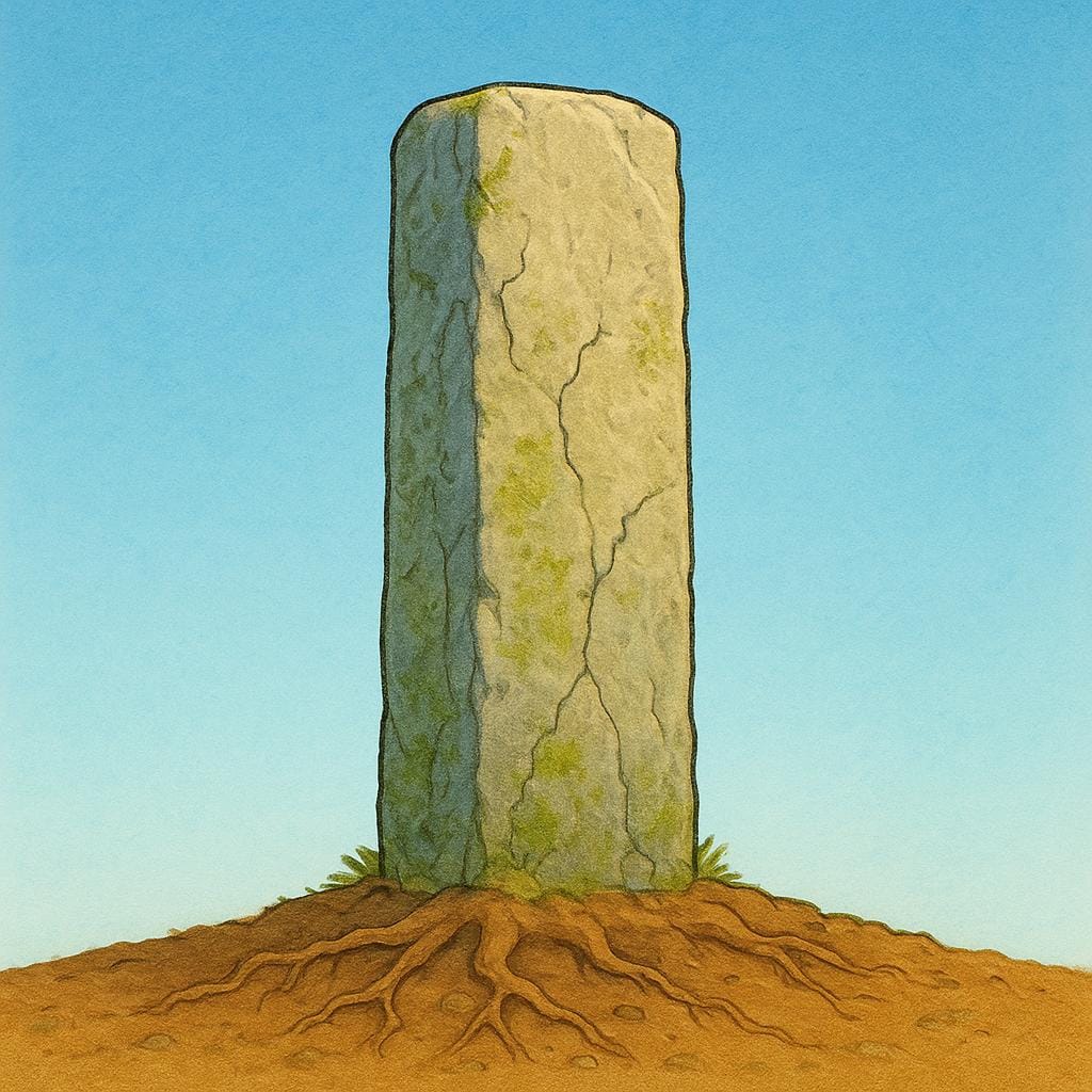 A single, thick, ancient stone pillar standing firmly upright on a flat, solid ground, symbolizing an unshakeable principle or rule.
