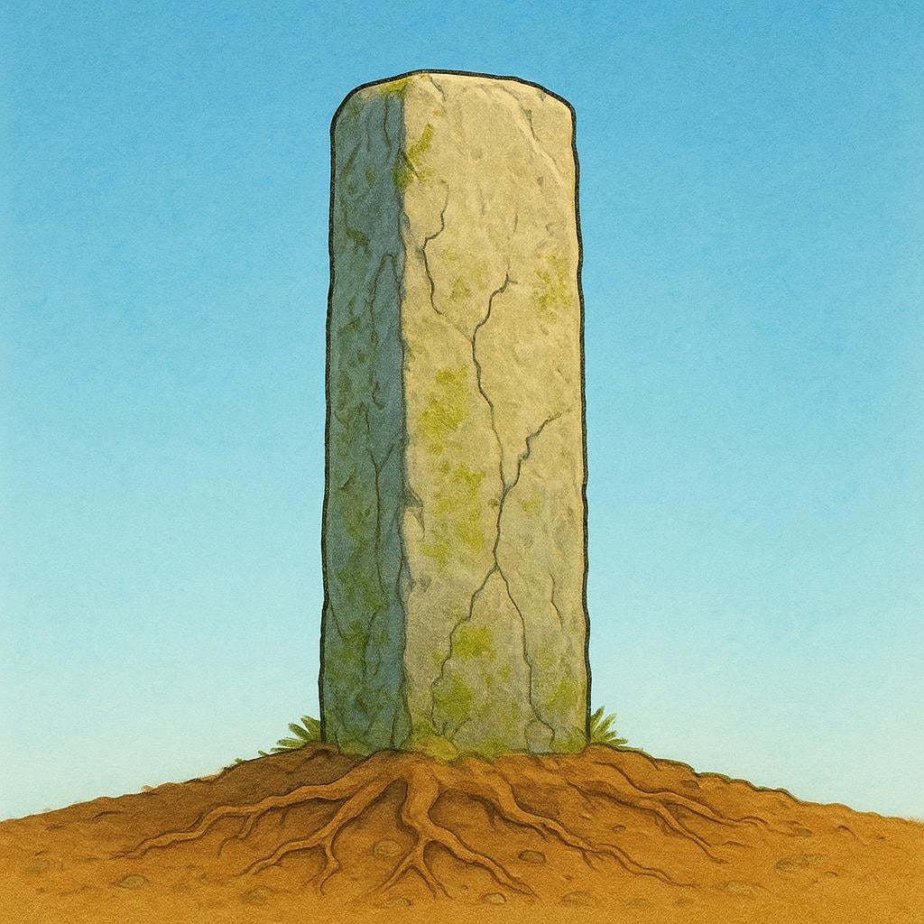 A single, thick, ancient stone pillar standing firmly upright on a flat, solid ground, symbolizing an unshakeable principle or rule.