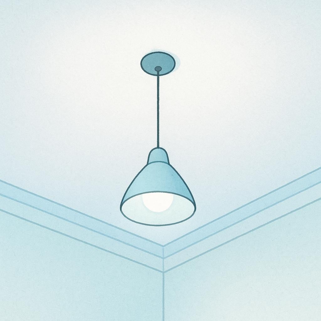 A storybook illustration showing the perspective looking up at a plain white room ceiling with a small lamp.