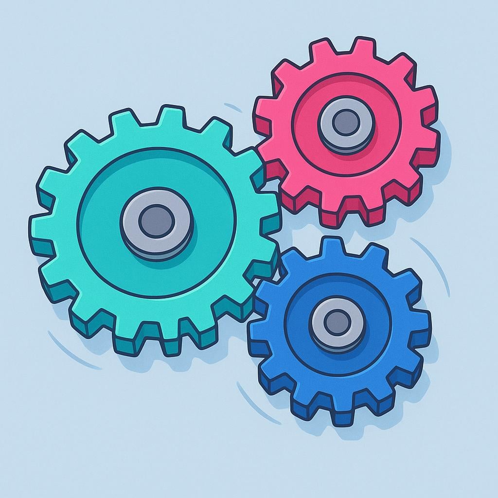 A close-up view of three large, brightly colored mechanical gears meshing and rotating smoothly.