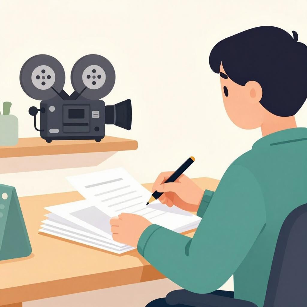 A person sitting at a desk with a stack of papers and a pen, looking thoughtfully at a classic film camera nearby.