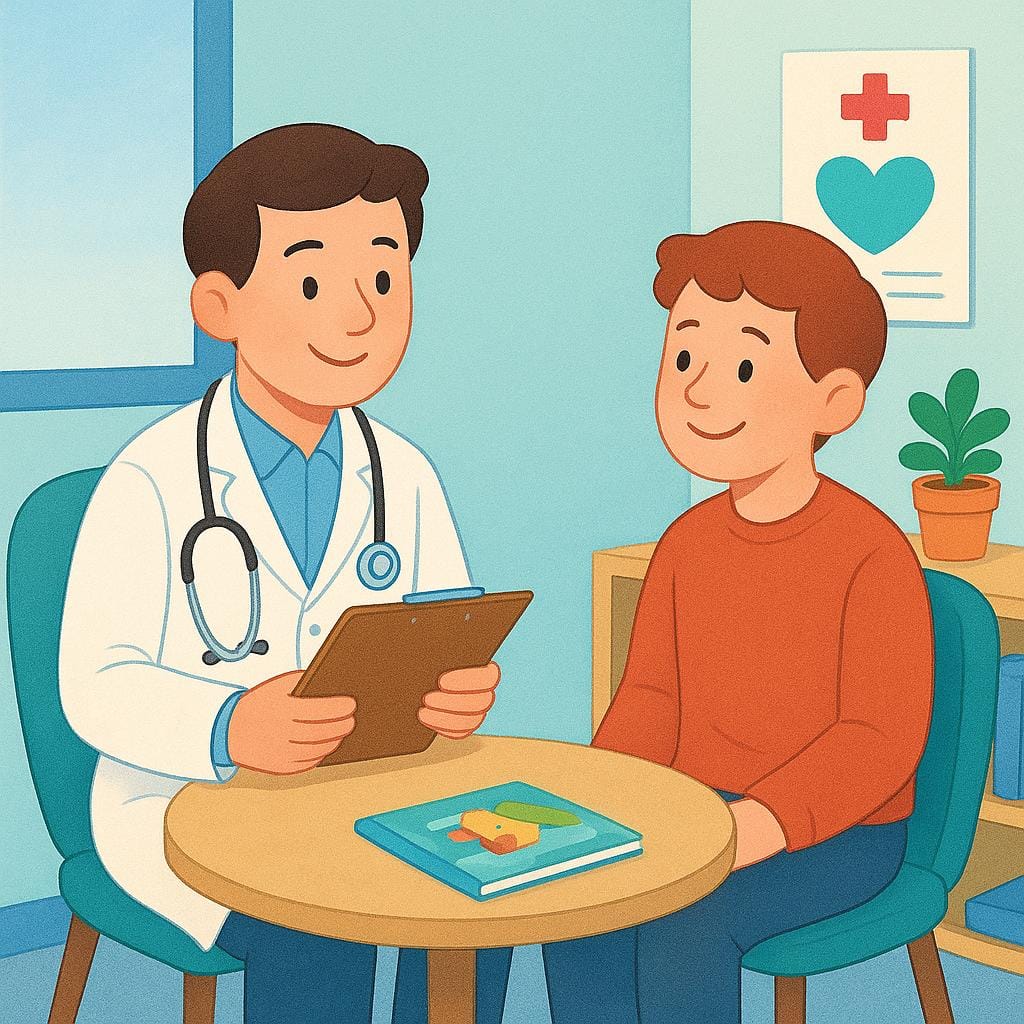 A storybook illustration of a friendly doctor wearing a white coat sitting across a small desk from a patient. The doctor is holding a simple clipboard.