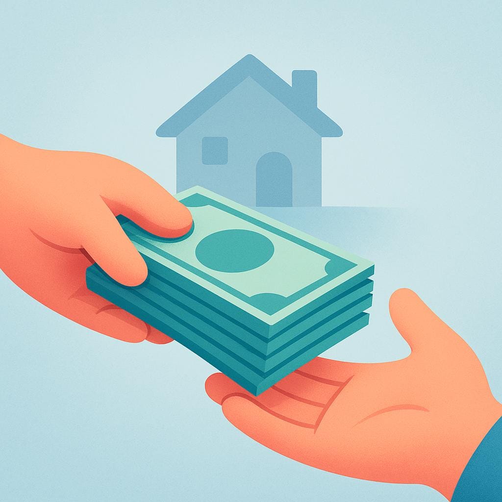 Two hands exchanging a stack of bills, with a small house outline nearby, illustrating the concept of rent payment.