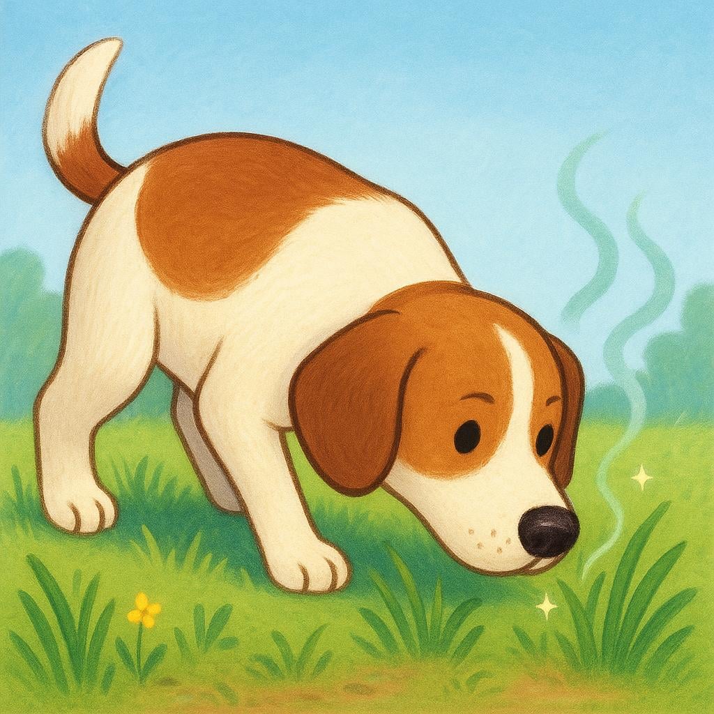 A brown and white cartoon dog actively sniffing the ground with its nose close to the grass.