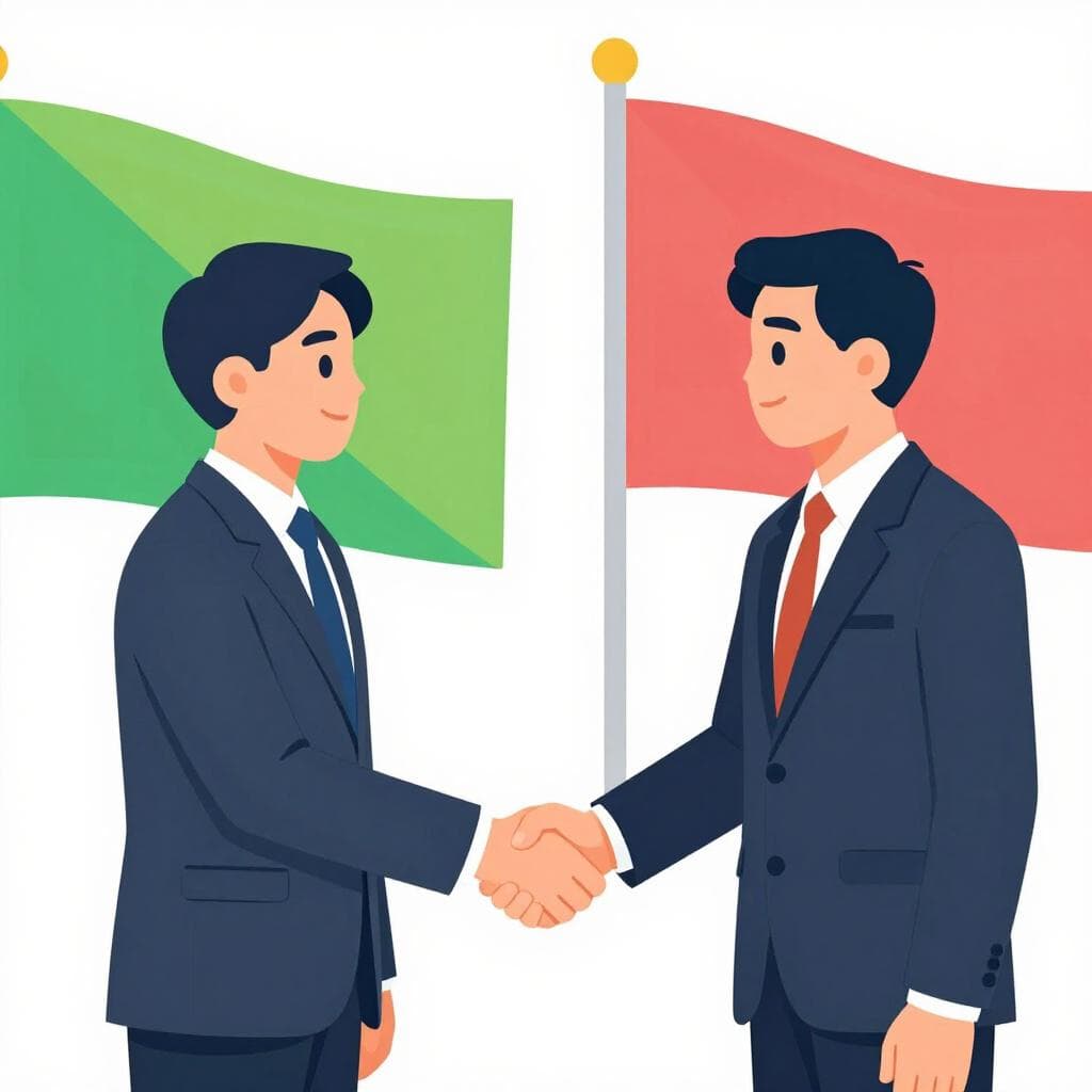 Een persoon in een formeel pak schudt de hand van een andere persoon in een formeel pak tegen een achtergrond van twee verschillende nationale vlaggen.