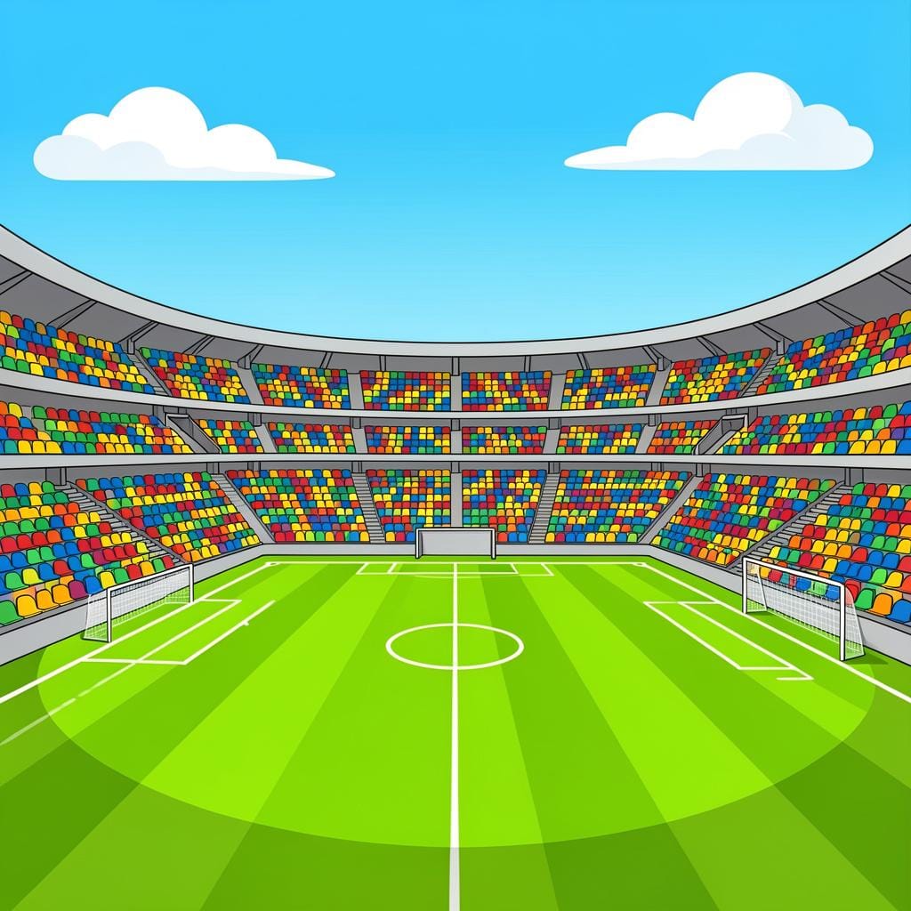 A large, open stadium with green grass and seating for many people, prepared for a big event.