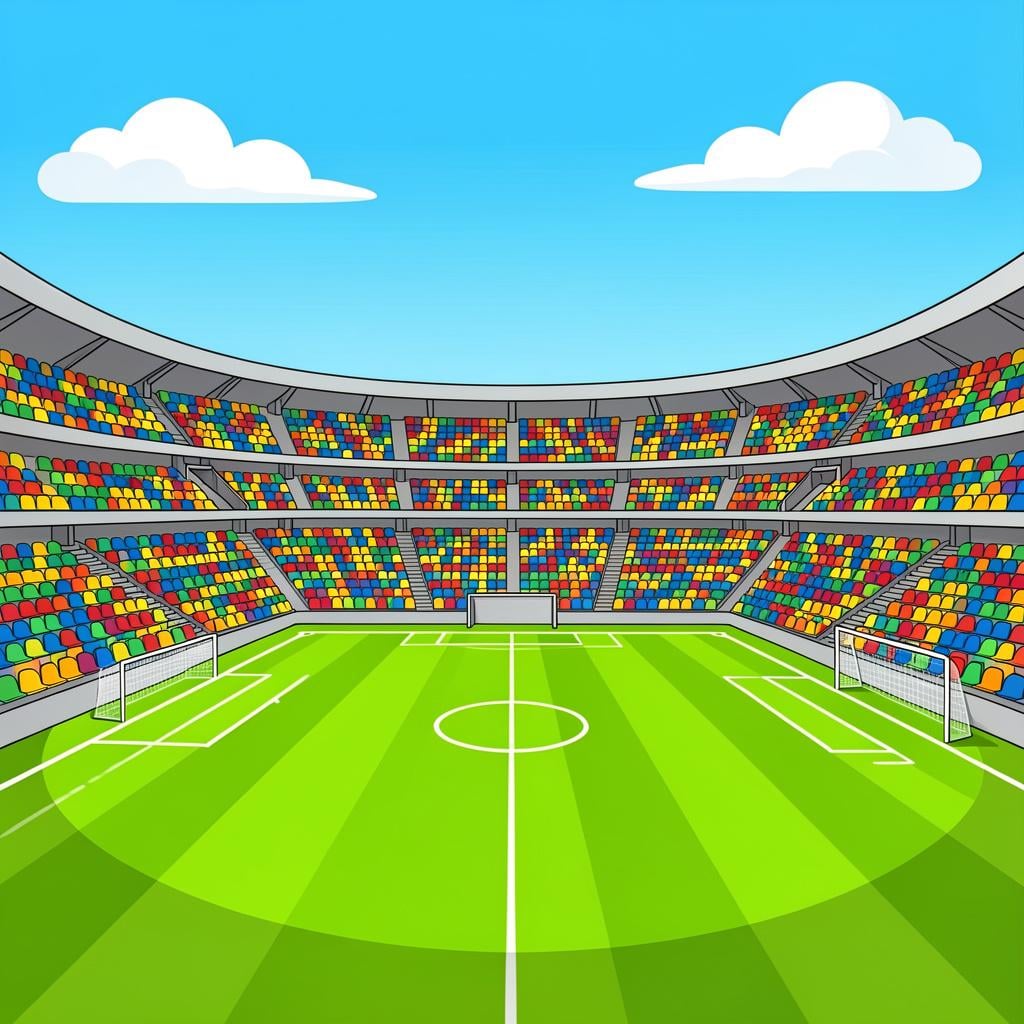 A large, open stadium with green grass and seating for many people, prepared for a big event.