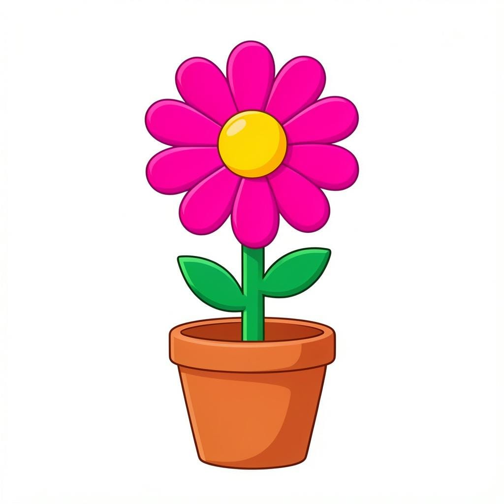 A colorful plastic flower in a small clay pot.