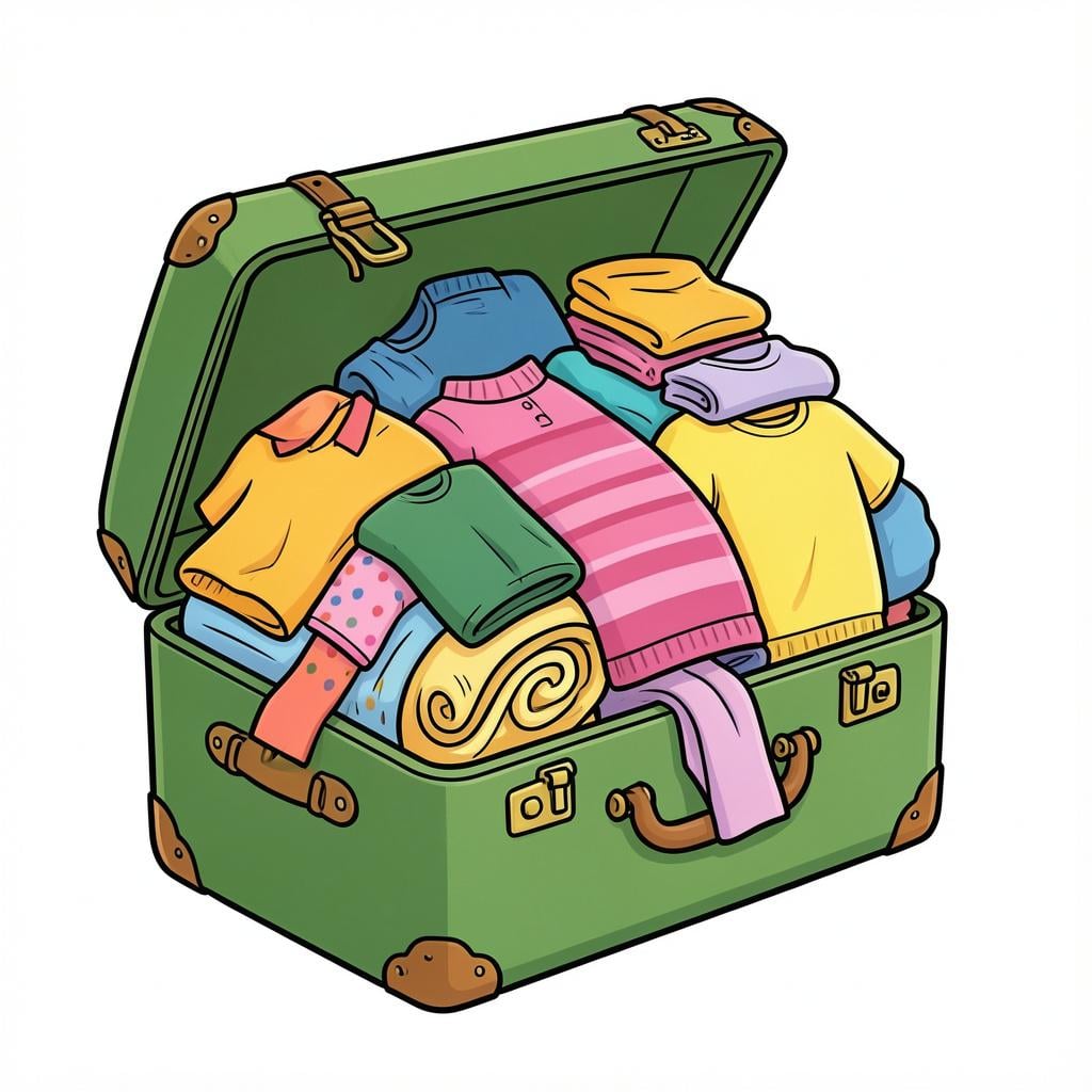 A suitcase overflowing with so many clothes that it is bulging at the seams.