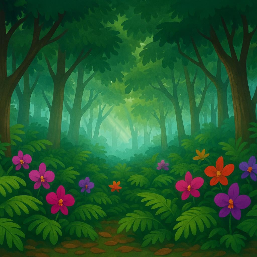 A lush, dense rainforest scene showing tall trees and overlapping green canopy with colorful orchids blooming near the ground.