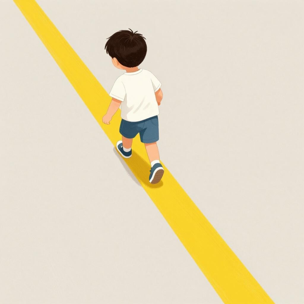 Ein Kind geht vorsichtig eine leuchtend gelbe Linie auf dem Boden entlang und folgt ihr genau.