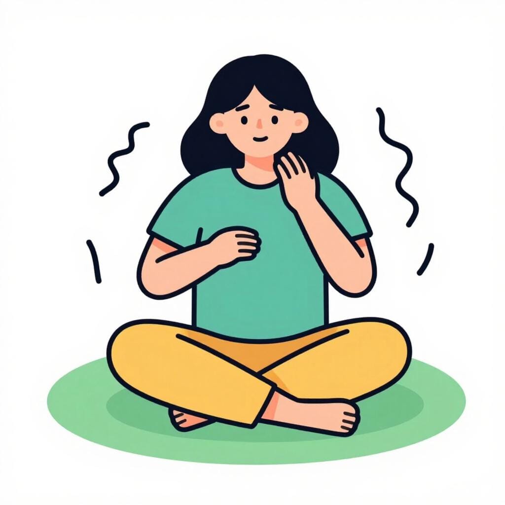 Un dessin simple d'une personne assise par terre, les mains levées et des lignes tremblantes autour d'elle pour indiquer une secousse physique.