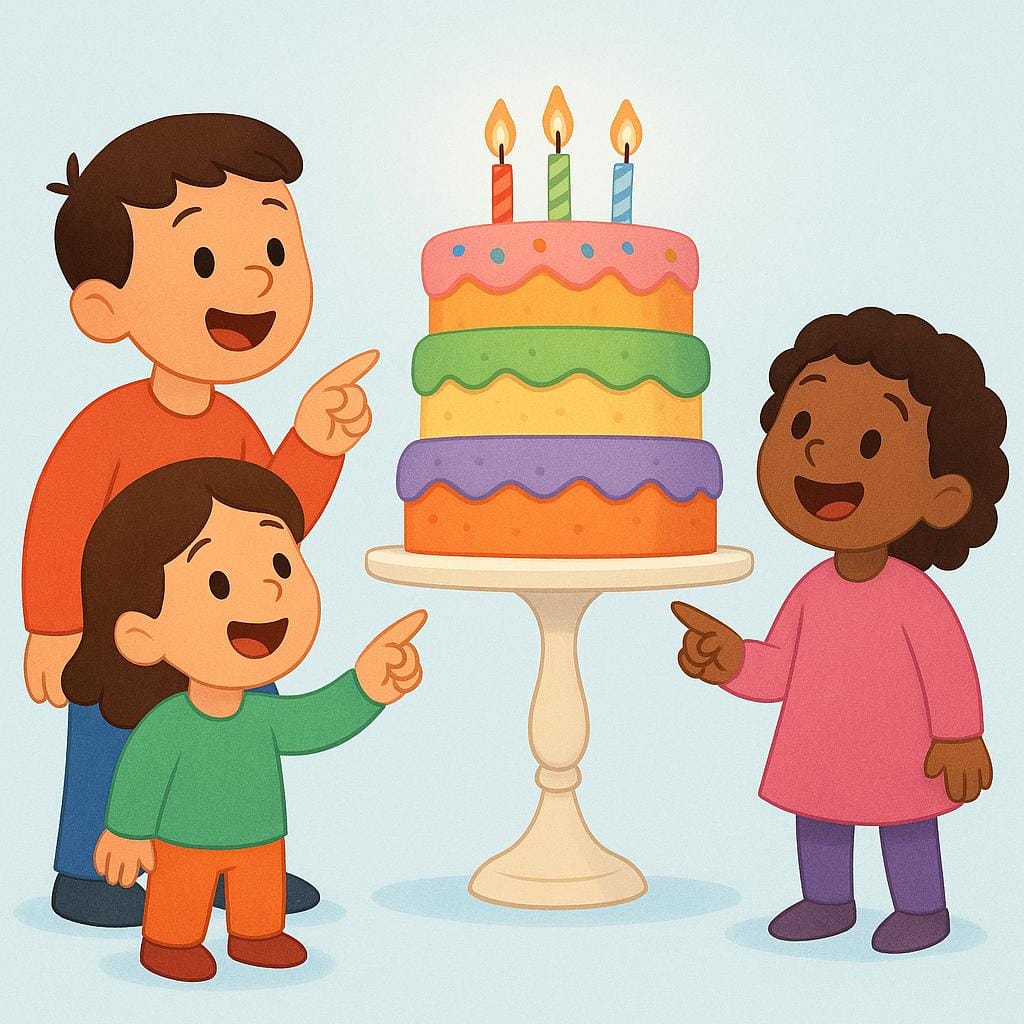 Three friends standing together, all pointing simultaneously and eagerly at a large, colorful birthday cake placed on a table, signifying collective desire.