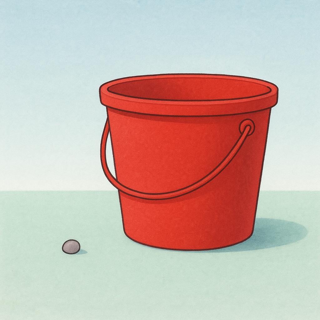 A single, small, round pebble resting on the ground next to a large, empty bucket, symbolizing the minimum amount.