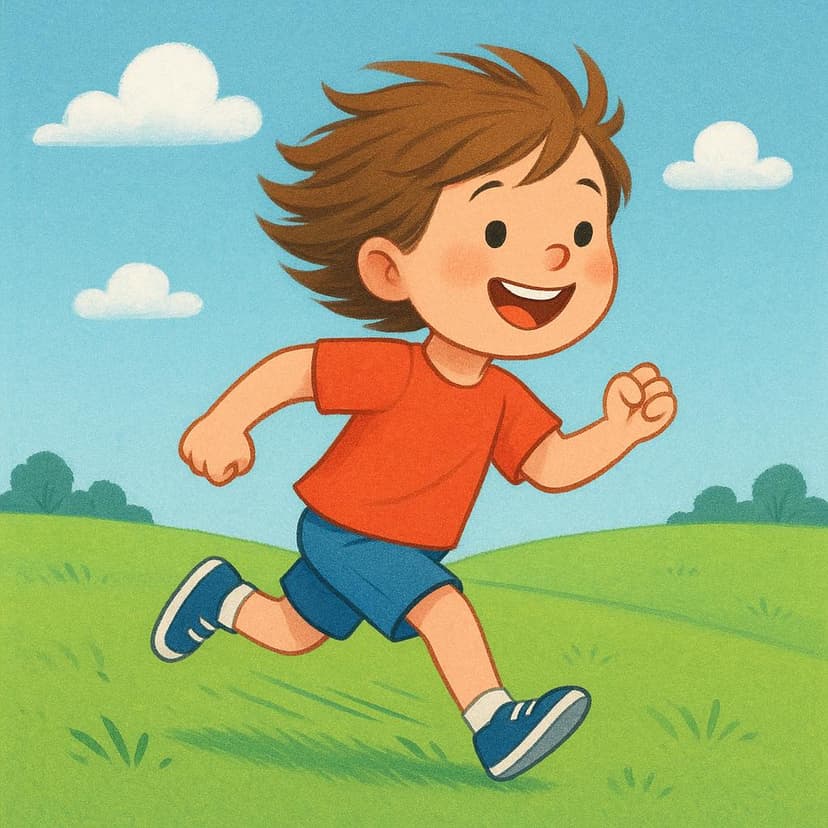 A simple drawing of a person running quickly across a green field under a blue sky.