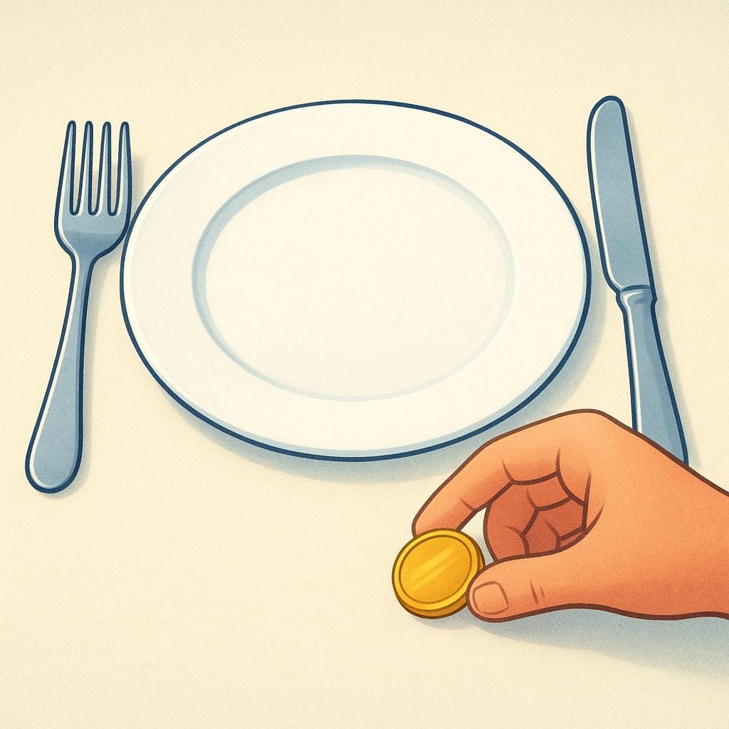 A single hand is placing a shiny gold coin onto a table next to a neatly set, empty dinner plate with a fork and knife.