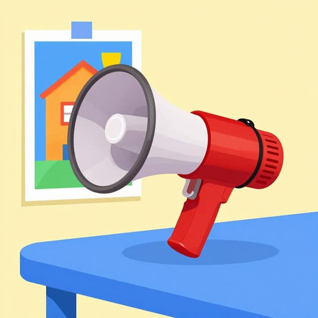 Een kleurrijke stand met een heldere megafoon en een kleurrijke poster op een tafel.
