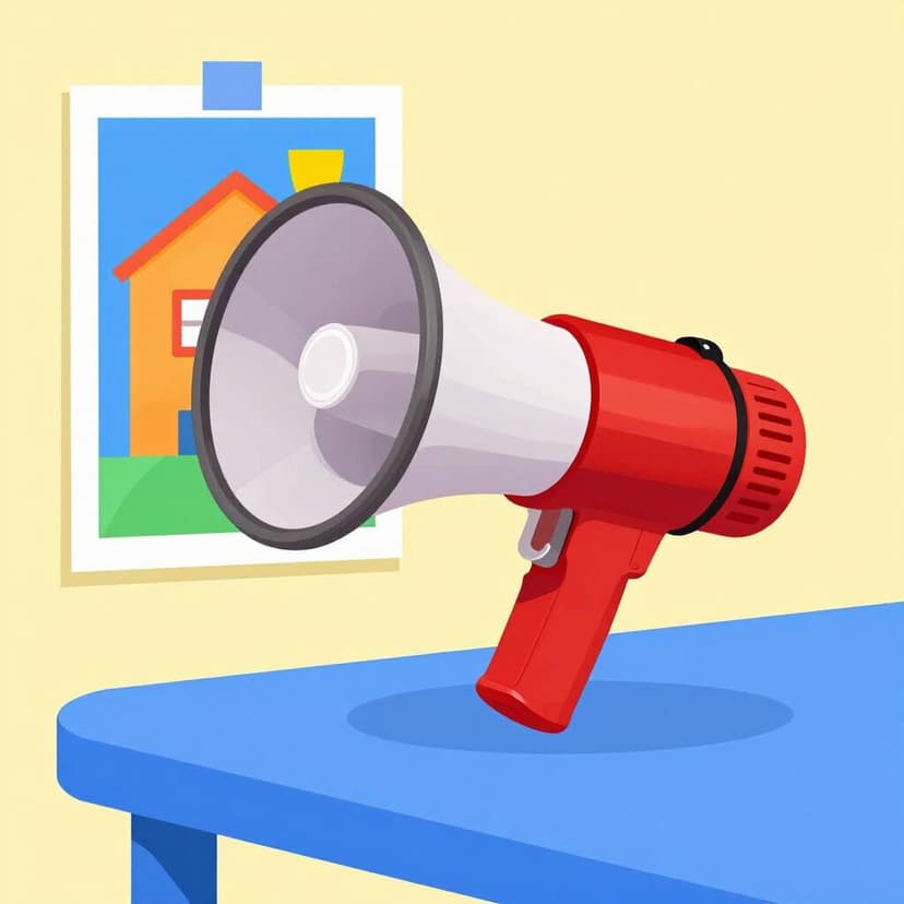 Un espositore colorato con un megafono brillante e un poster colorato su un tavolo.