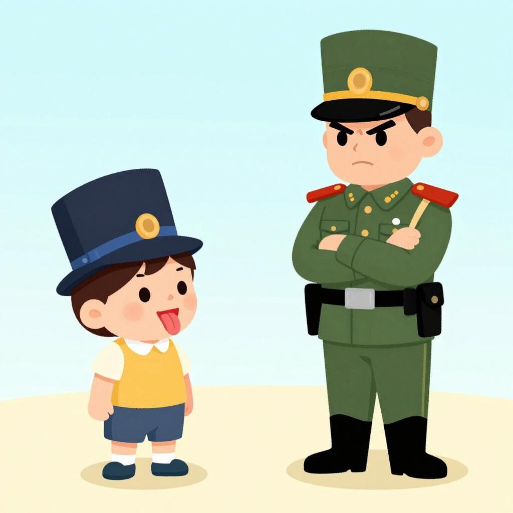 Uma criança mostrando a língua para um guarda severo de uniforme.