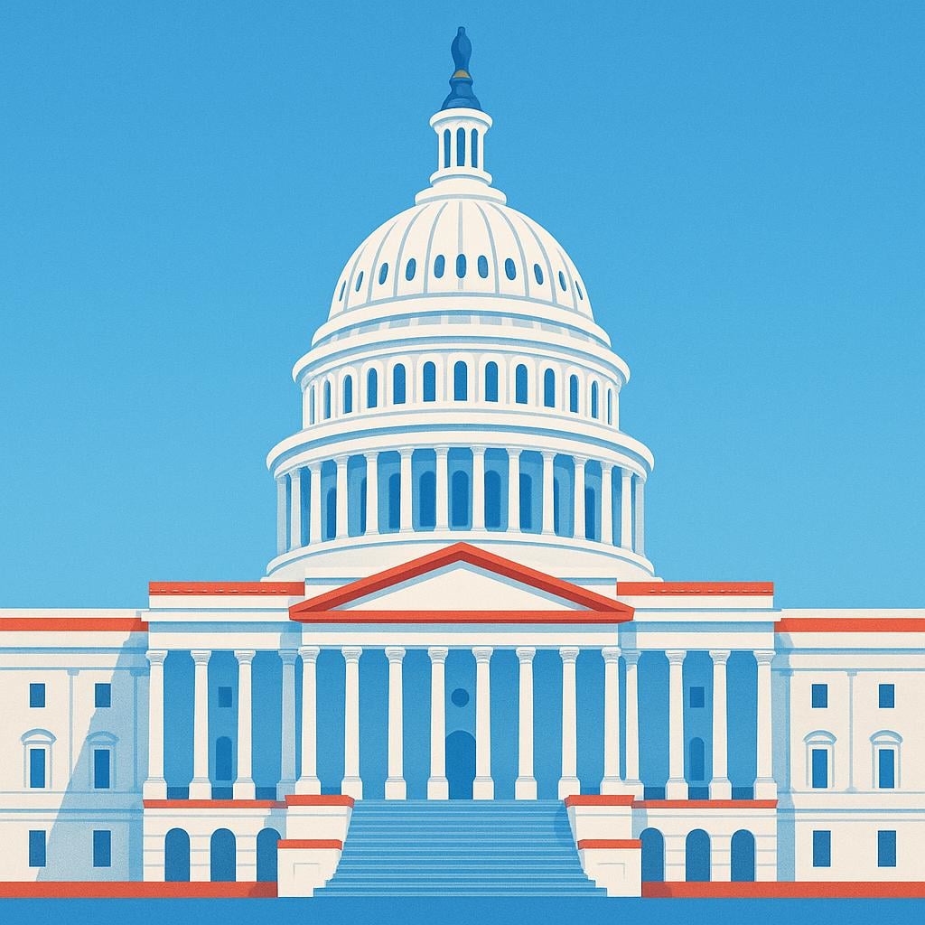 A simple drawing of the United States Capitol building, rendered in patriotic red, white, and blue colors, set against a bright sky, symbolizing something belonging to the United States.