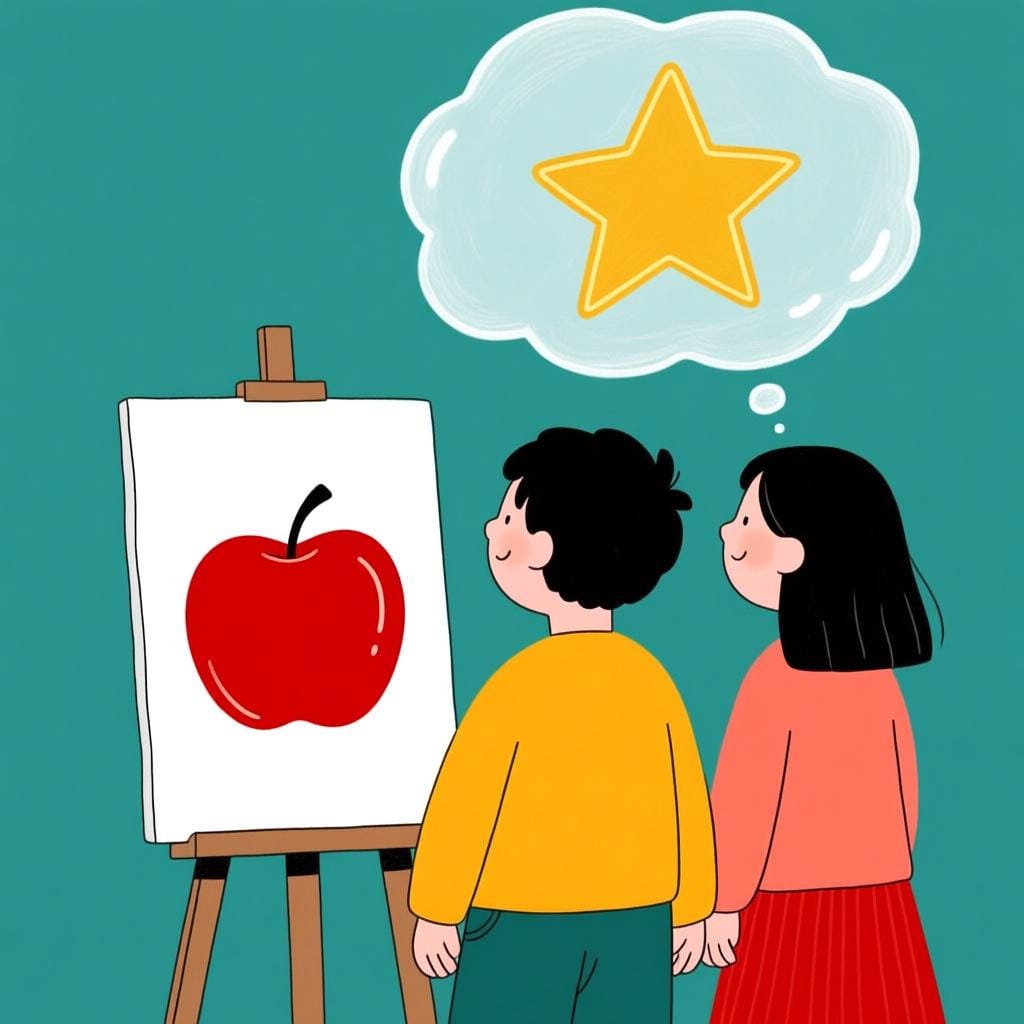 Duas figuras olhando para um objeto, onde uma figura tem um balão de pensamento contendo uma estrela dourada, representando uma opinião positiva ou crença.