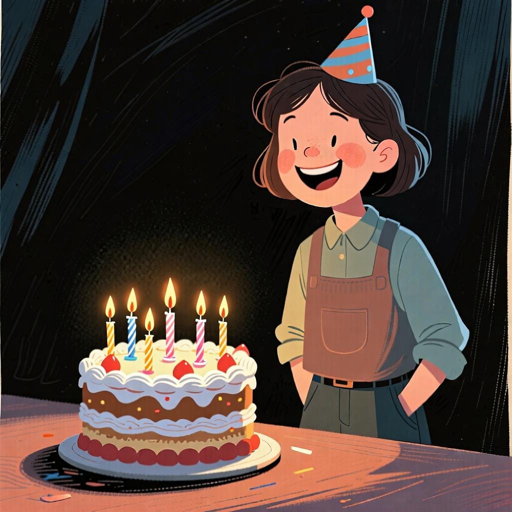웃는 사람이 켜지지 않은 초가 있는 생일 케이크 옆에 서 있는 모습으로, 스페인어에서 나이를 표현하는 방식을 보여줍니다.