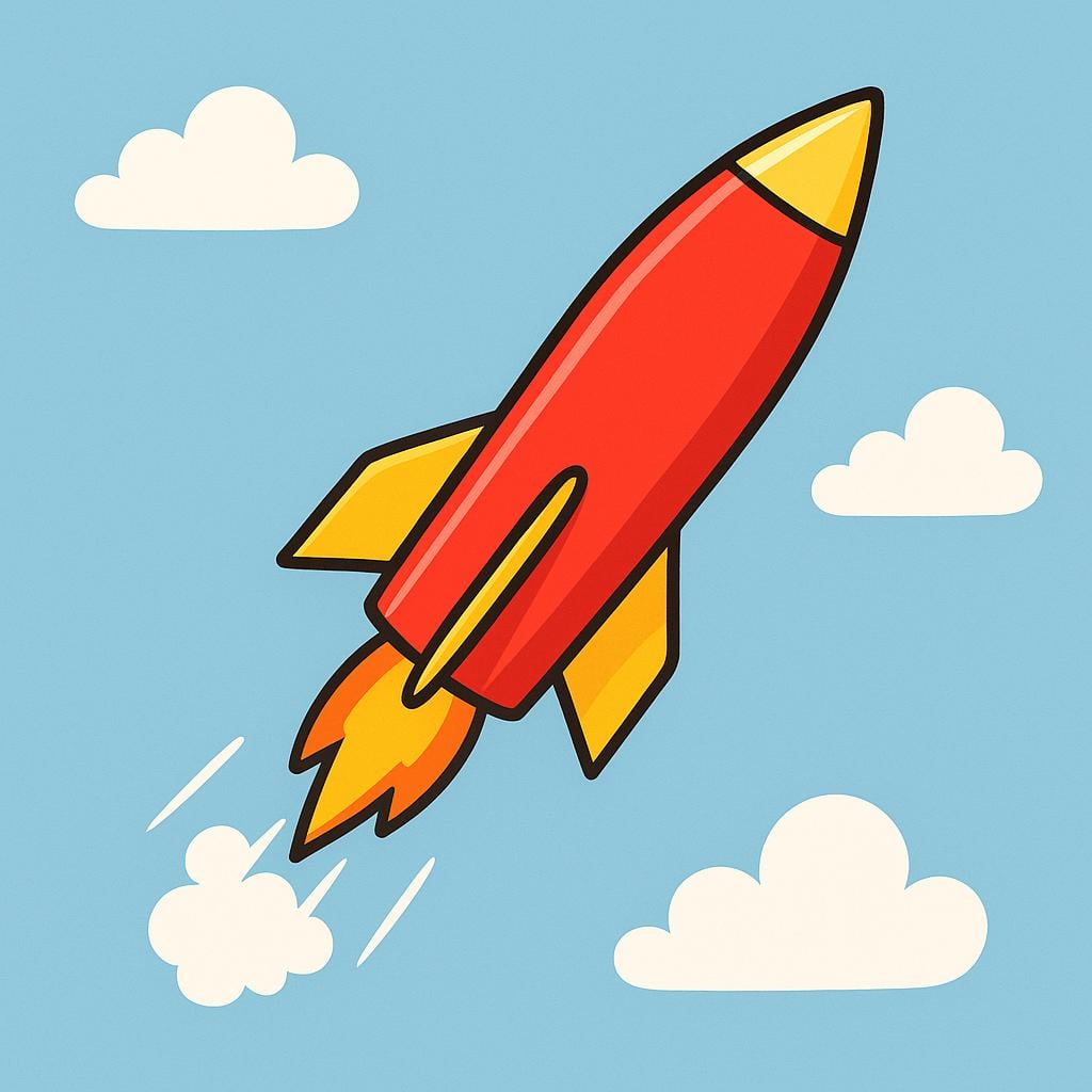 A bright red and yellow rocket-shaped missile soaring upward.