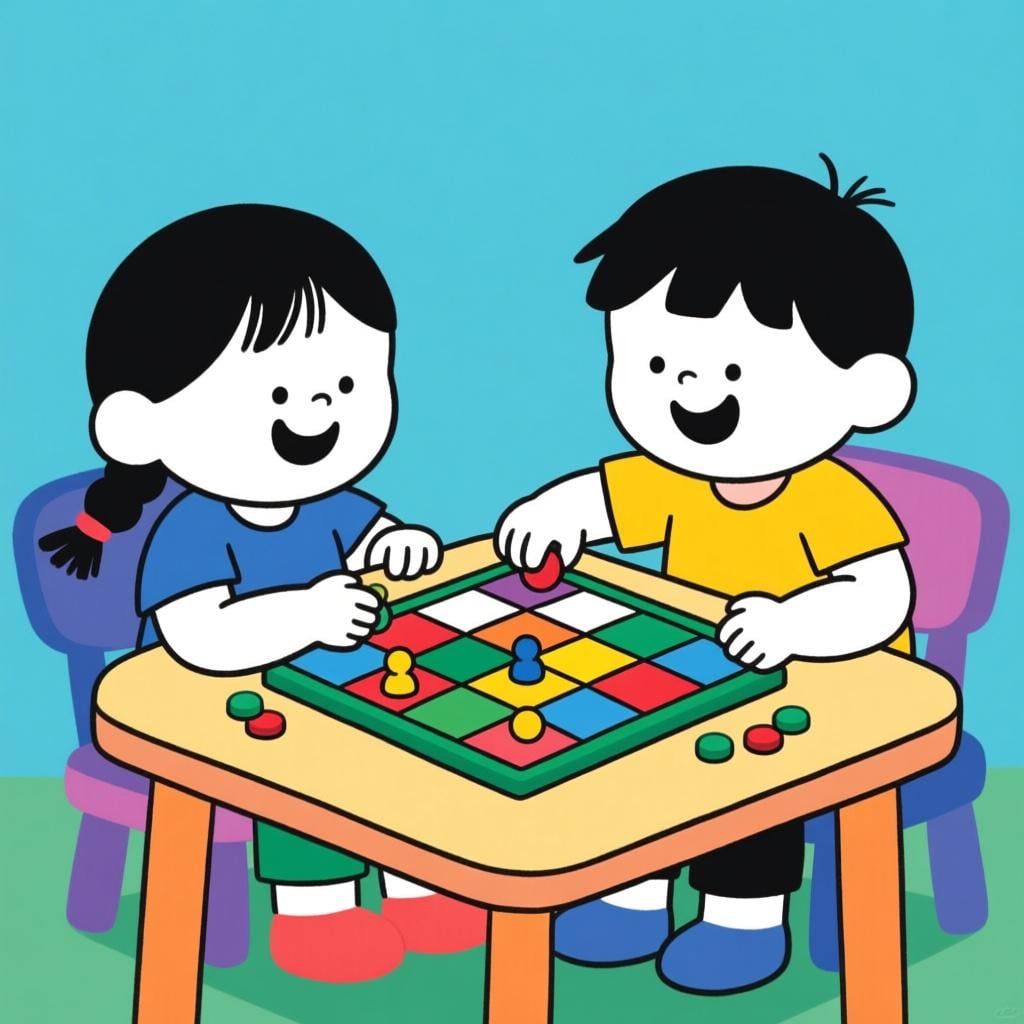 Two smiling children sitting across from each other at a small table, focused on playing a colorful board game.