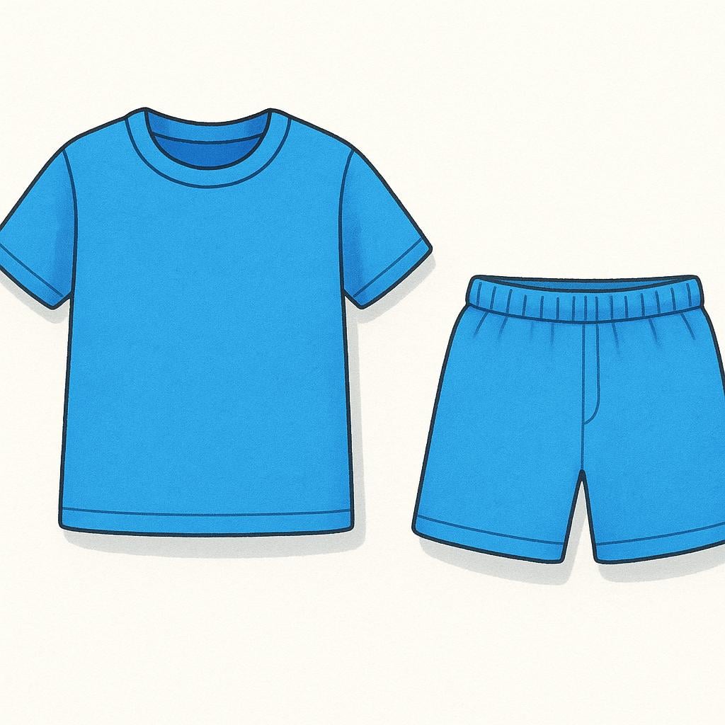 A neatly folded blue T-shirt and matching blue shorts displayed together, illustrating an outfit.