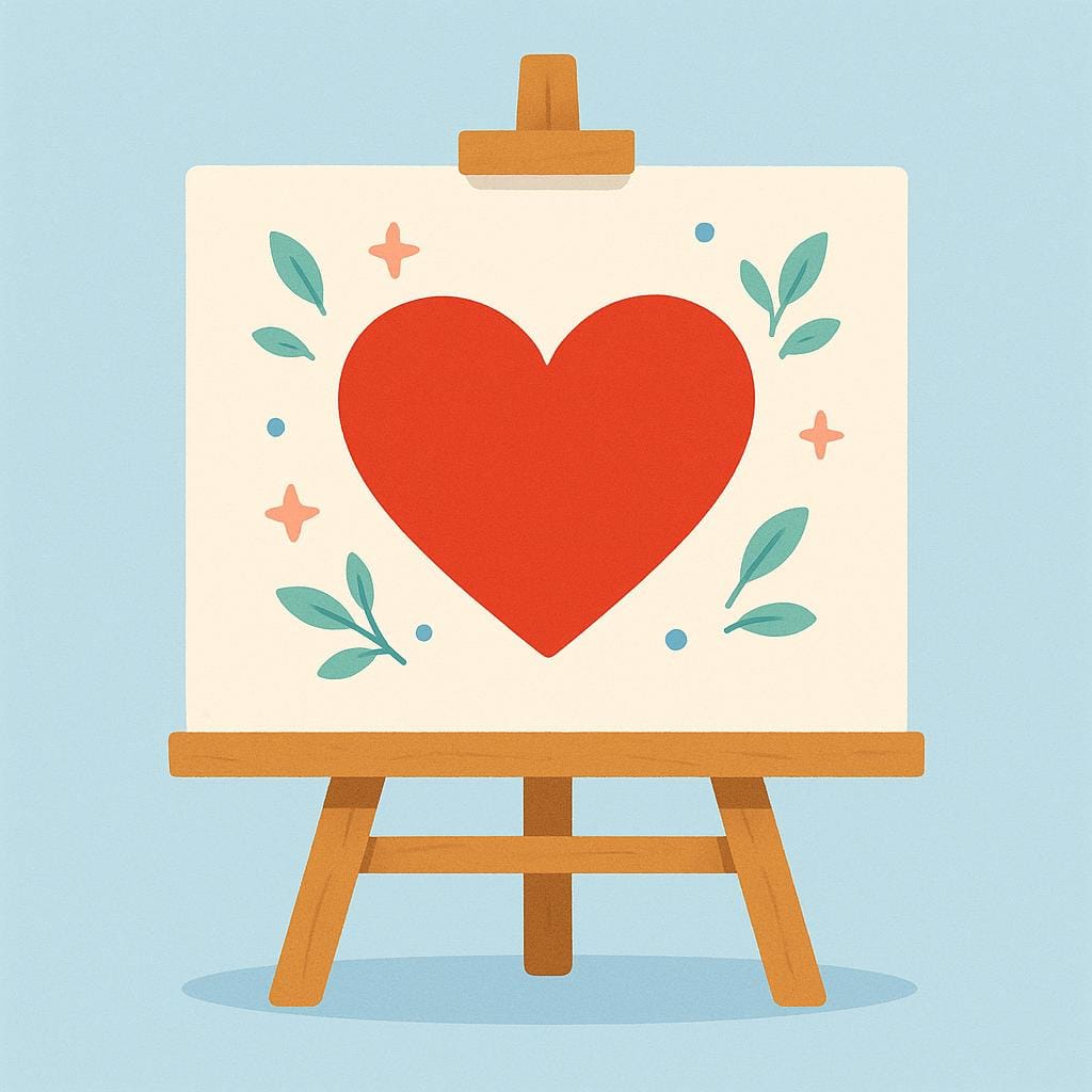An easel holds a canvas depicting a large, central, stylized red heart. Smaller, simple decorative elements like tiny stars and leaves are scattered around the heart, emphasizing the heart as the main subject.