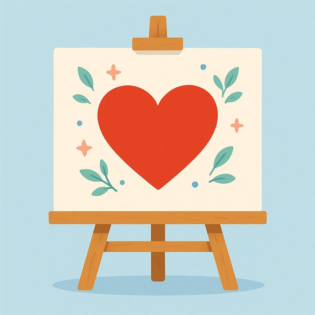An easel holds a canvas depicting a large, central, stylized red heart. Smaller, simple decorative elements like tiny stars and leaves are scattered around the heart, emphasizing the heart as the main subject.
