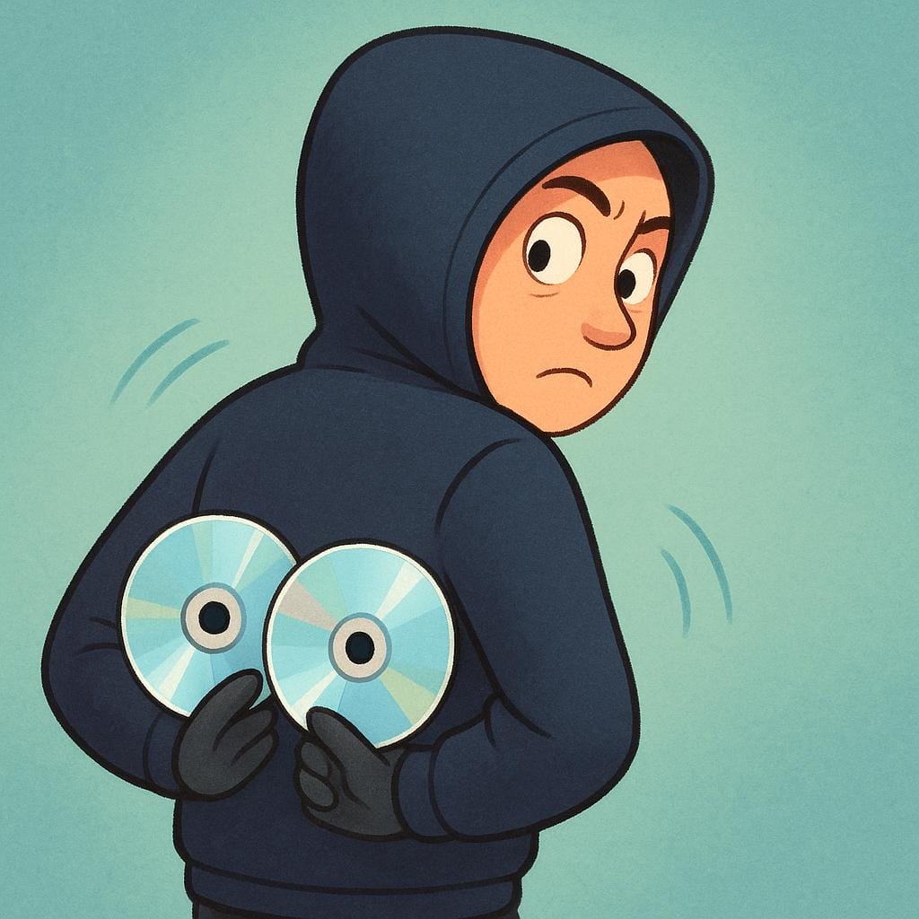 Een persoon in een donkere hoodie verbergt twee identieke, generieke glimmende schijfjes achter zijn rug, wat illegale kopieën symboliseert.