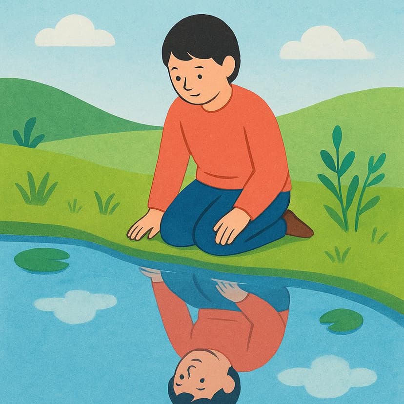 A person kneeling by a calm pond, looking intently at their own reflection in the water's surface.
