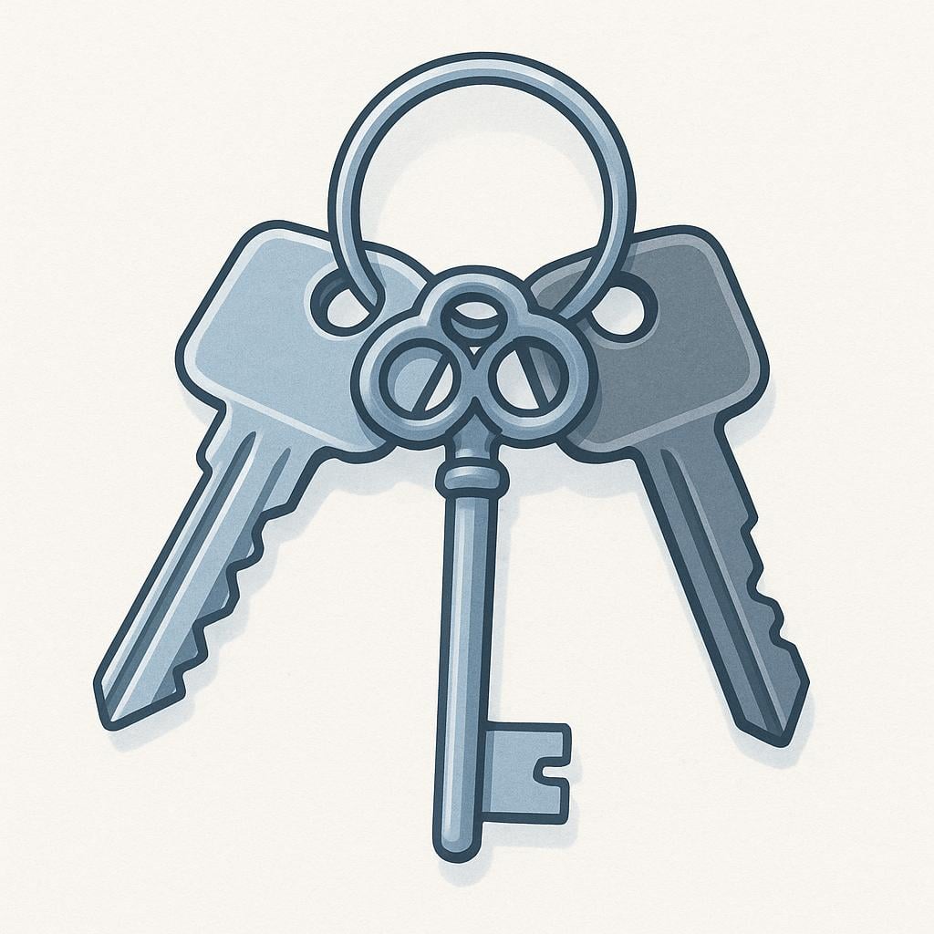 A small bunch of shiny silver and brass keys hanging from a simple metal keyring, used for doors or vehicles.