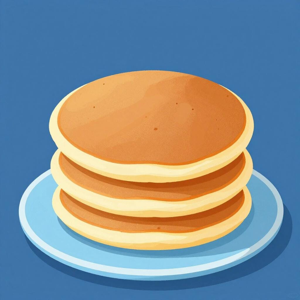 A stack of three regular pancakes with a fourth, slightly larger pancake placed clearly on top, depicting an additional item.