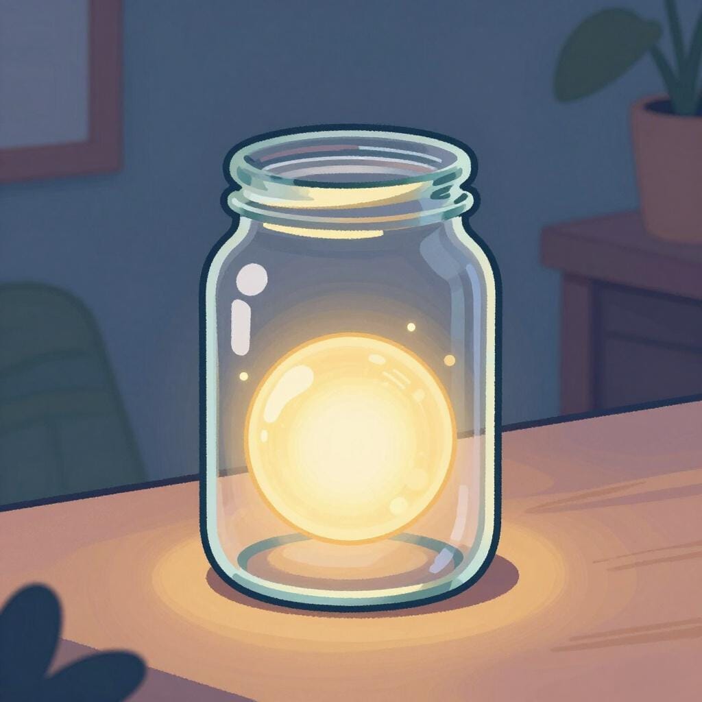 Ein leuchtendes goldenes Licht, das aus einem einfachen Glasgefäß scheint.