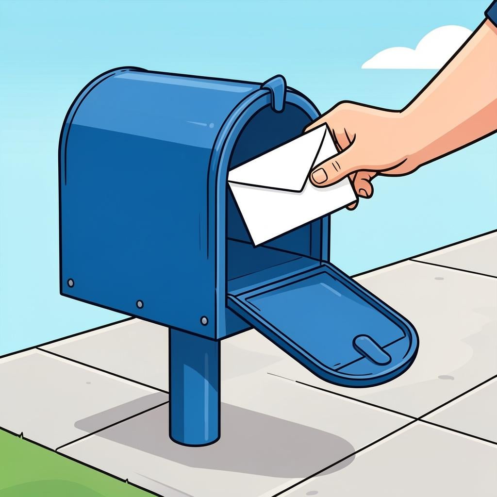 A person's hand placing a sealed white envelope into a bright blue public mailbox on a sunny street.
