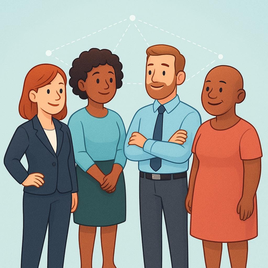 An illustration showing four diverse, stylized cartoon people, dressed professionally, standing close together. Faint, dashed white lines conceptually connect the heads of all four people, symbolizing a professional network.