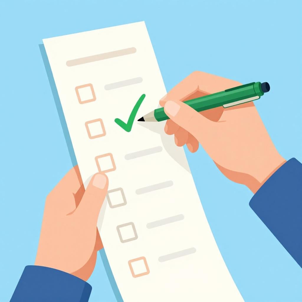 A person holding a long paper list and marking items with a green pen.