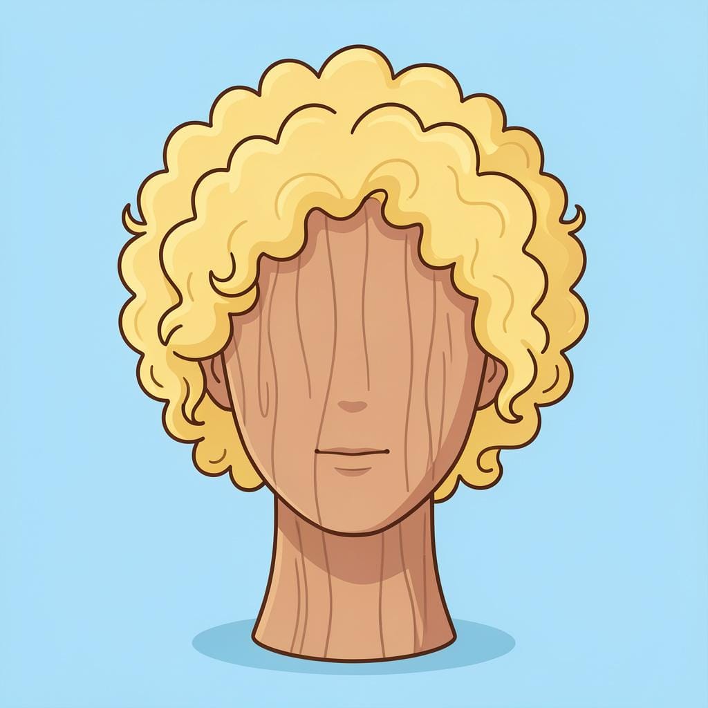 A curly blonde wig sitting on a simple wooden mannequin head.