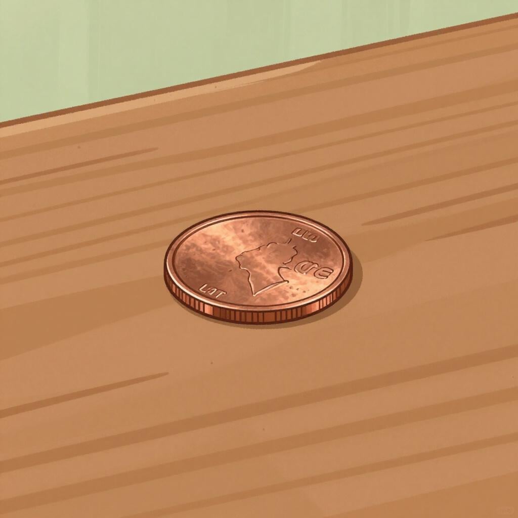 A single small shiny copper coin resting on a clean wooden surface.