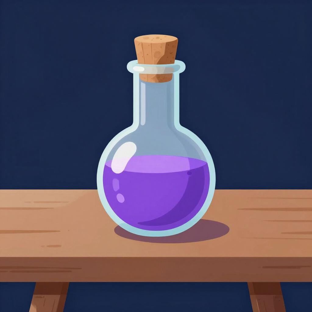 A glass bottle filled with glowing purple liquid, topped with a cork.