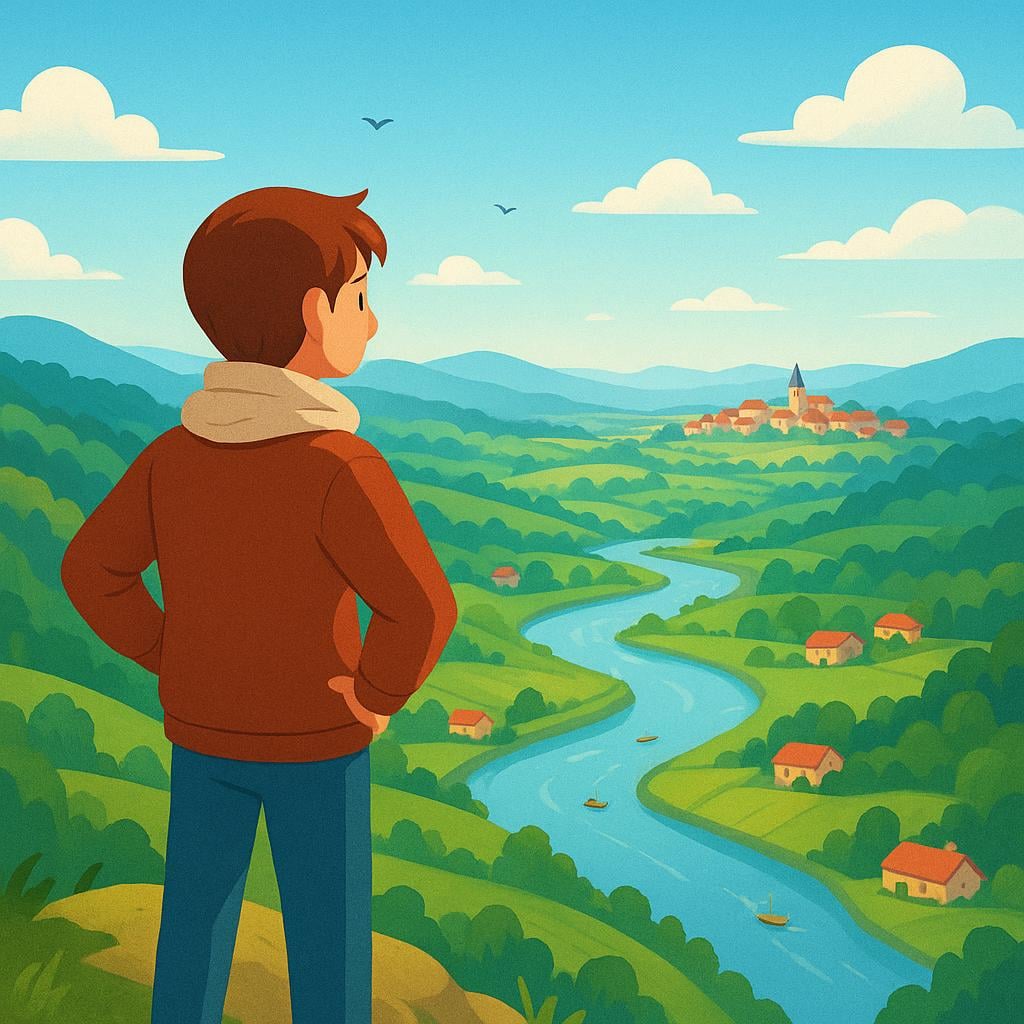 A young person standing on a mountain peak looking down at a vast, beautiful city and valley view below, illustrating the future action of seeing.