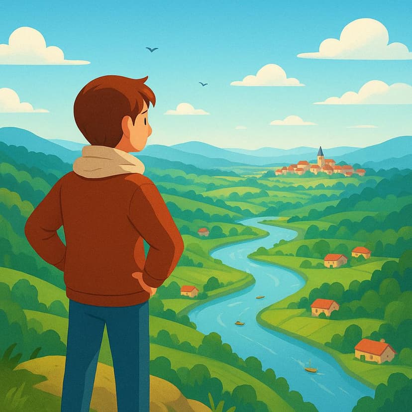 A young person standing on a mountain peak looking down at a vast, beautiful city and valley view below, illustrating the future action of seeing.