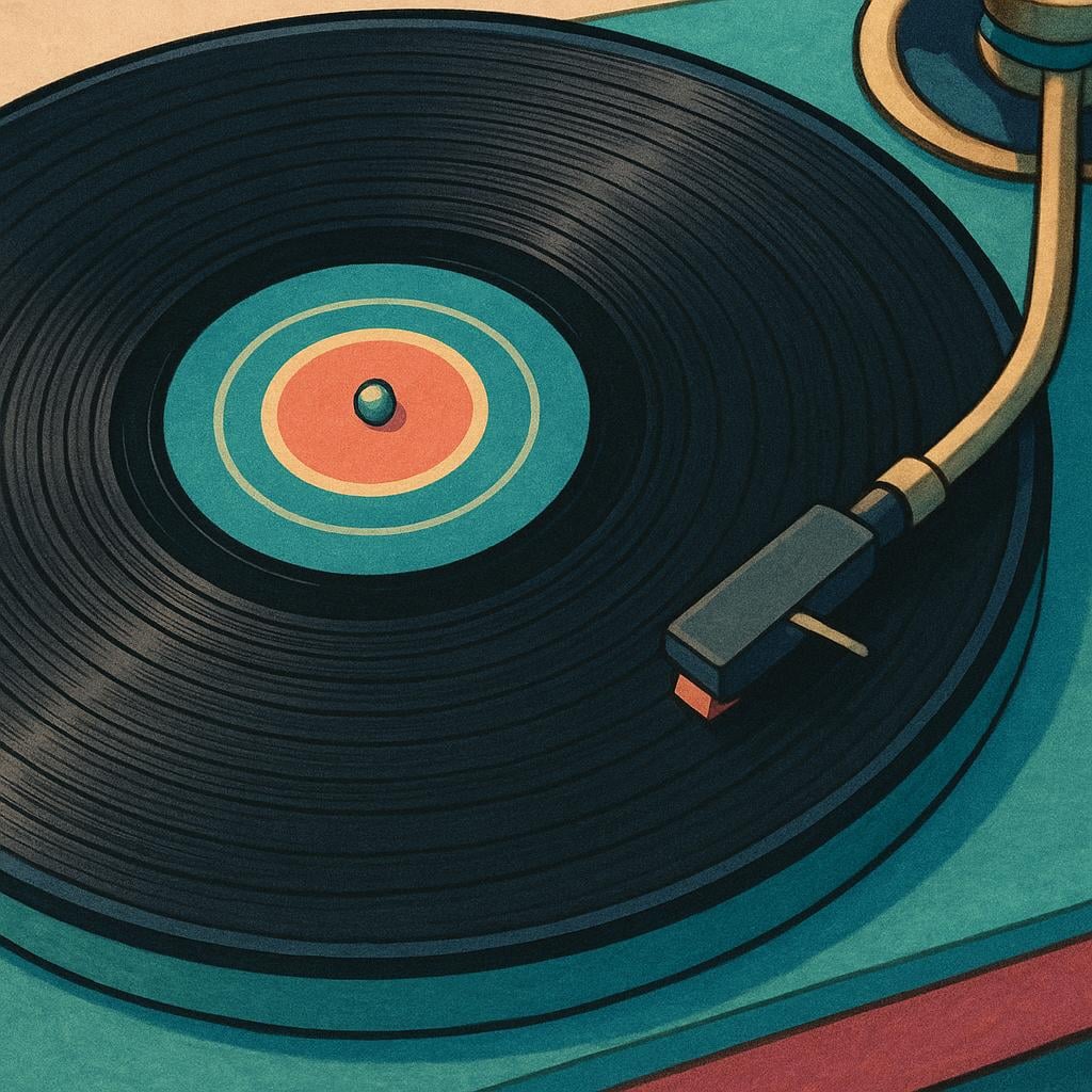 A close-up view of a black vinyl record resting on a turntable, showing the distinct, spiral grooves that contain the music.
